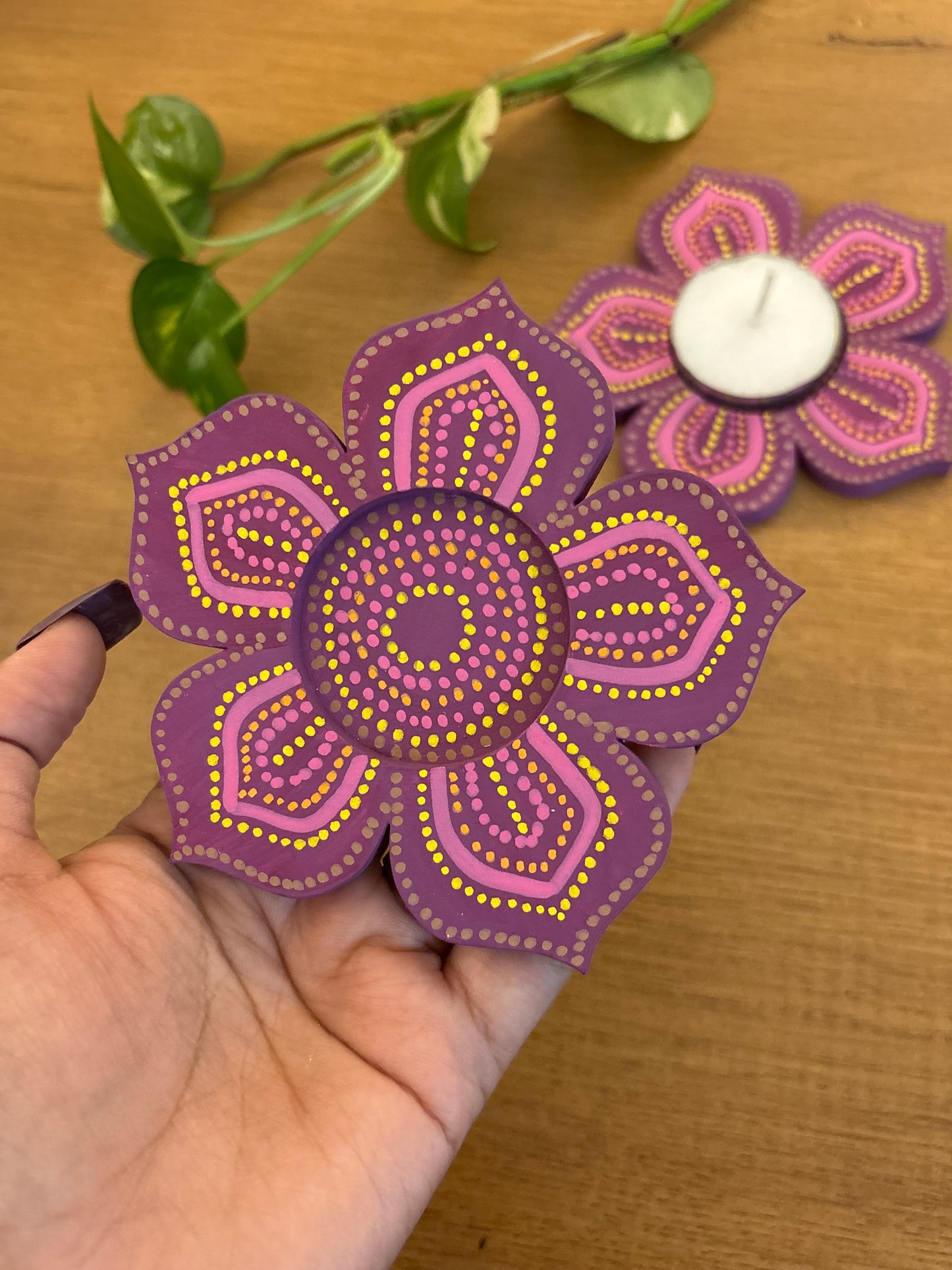 Kamal - Hand-Painted Wooden Tea Light Holder