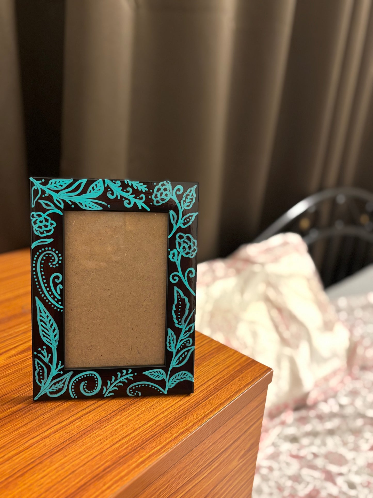 Teal Leaf - Hand-Painted Wooden Photo Frame with Floral Motifs