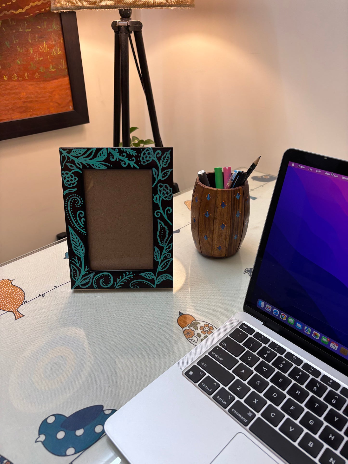 Teal Leaf - Hand-Painted Wooden Photo Frame with Floral Motifs