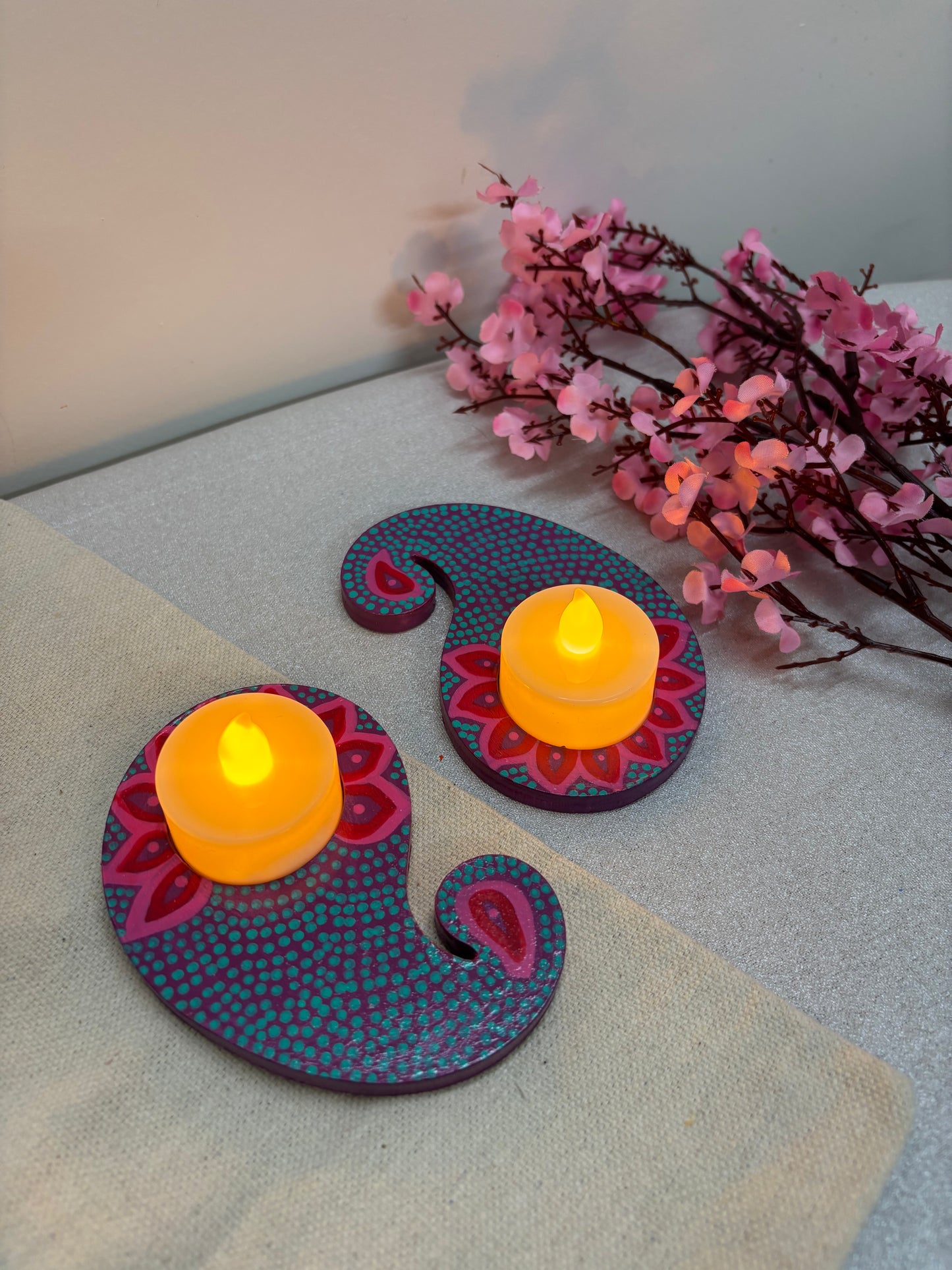 Ābhā Hand-Painted Paisley Tea Light Holders