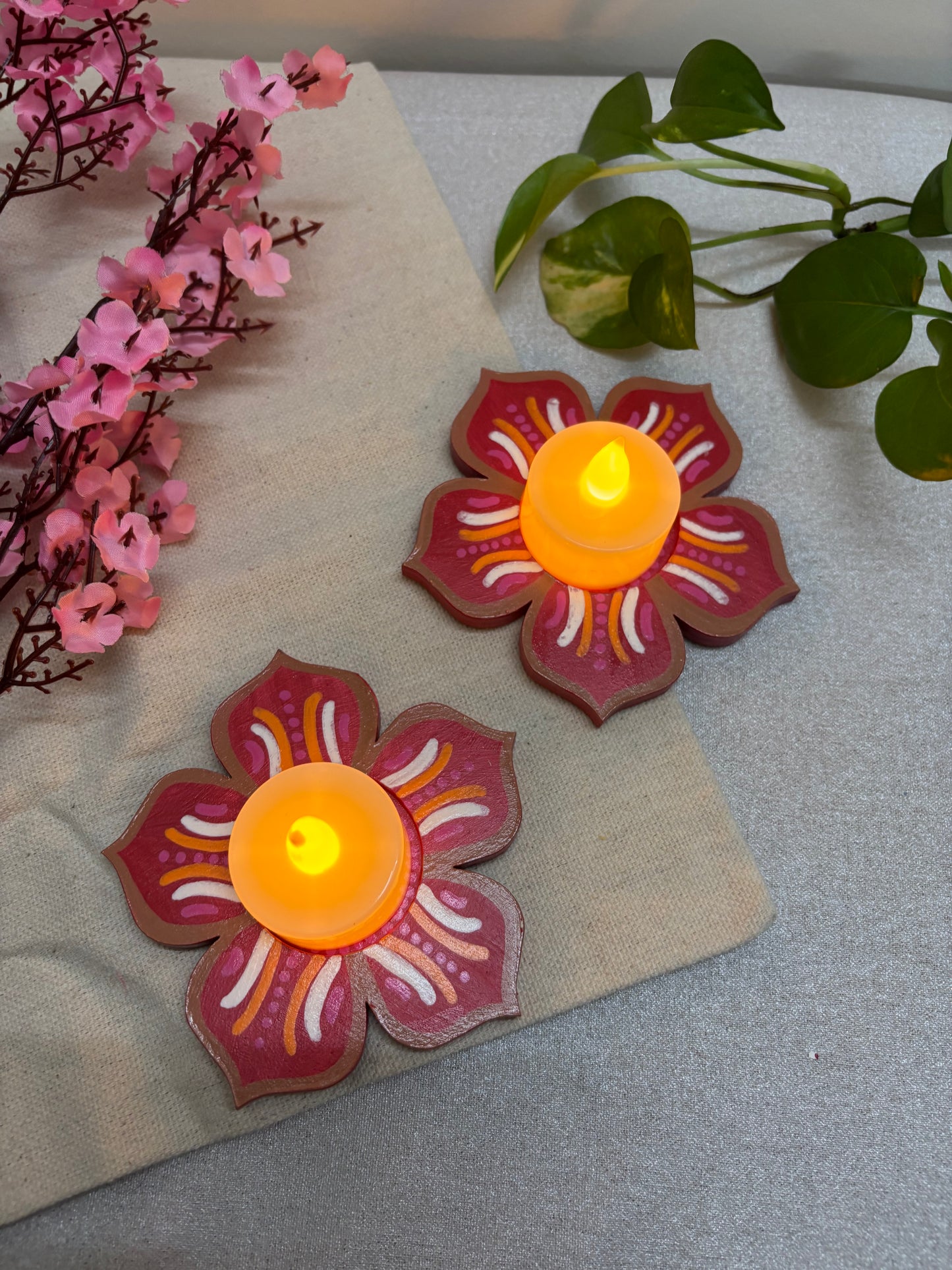 Kusum Hand-Painted Floral Tea Light Holders