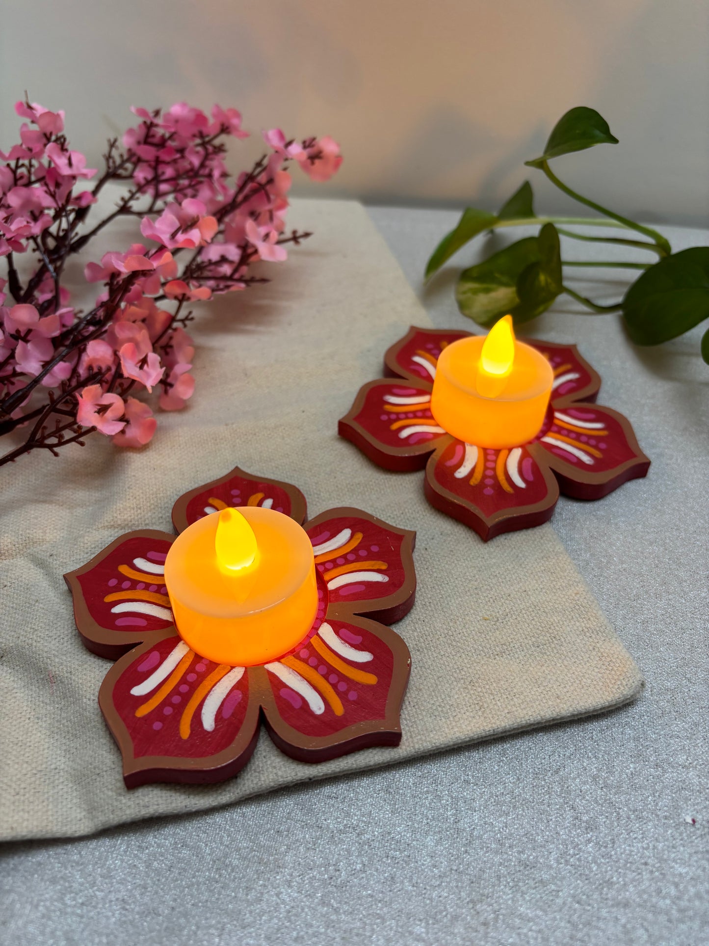Kusum Hand-Painted Floral Tea Light Holders