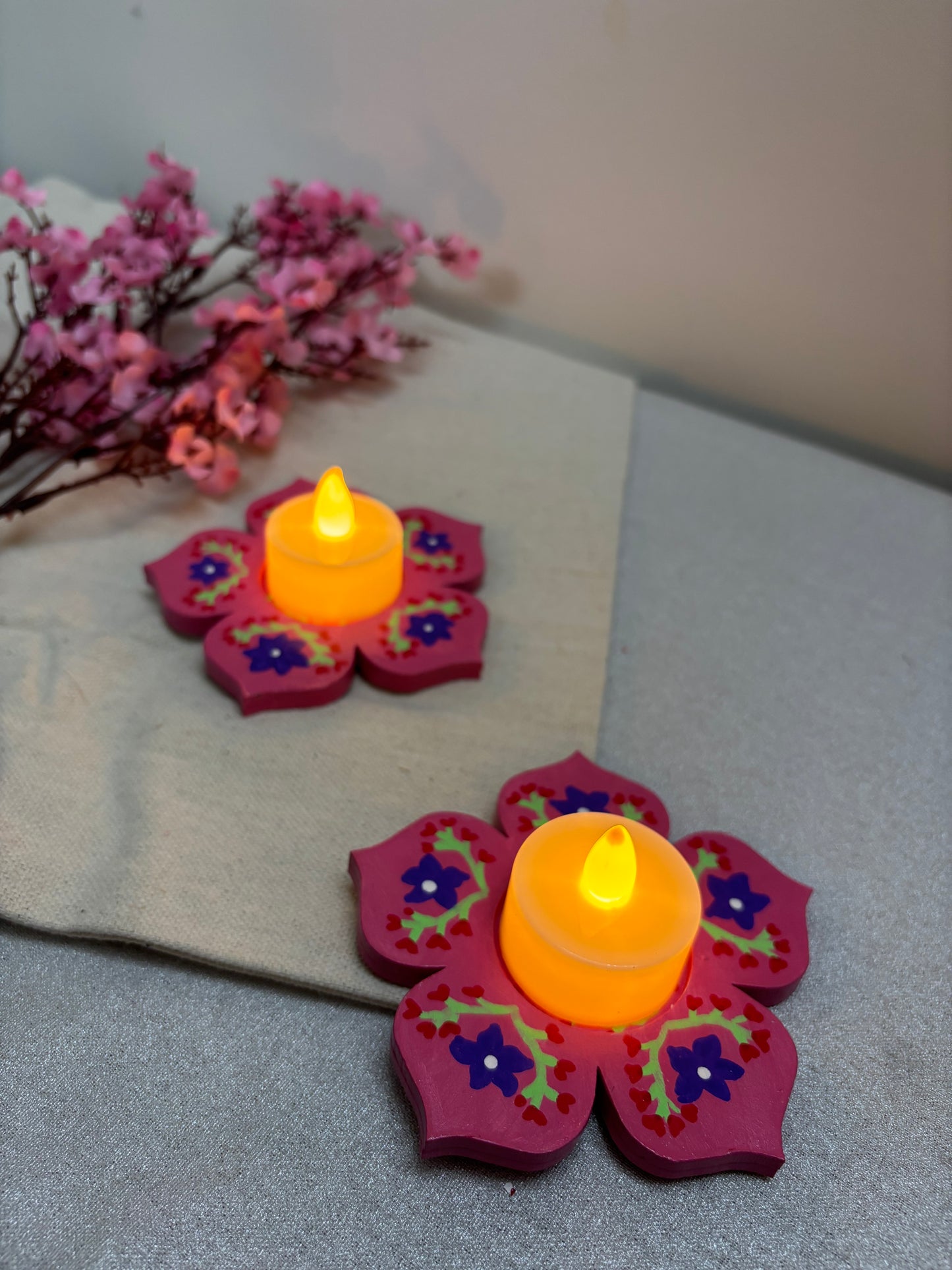 Vasanti Hand-Painted Floral Tea Light Holders