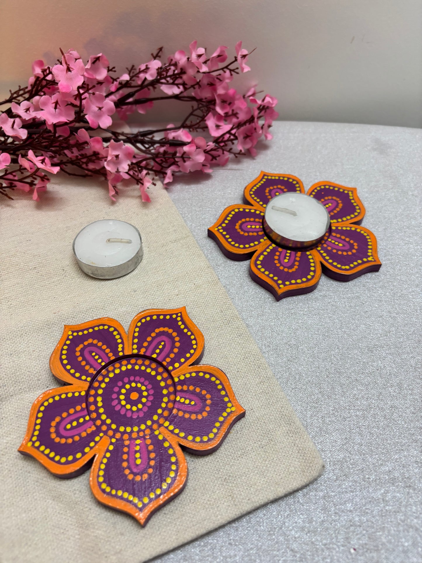 Kanak Hand-Painted Floral Tea Light Holders