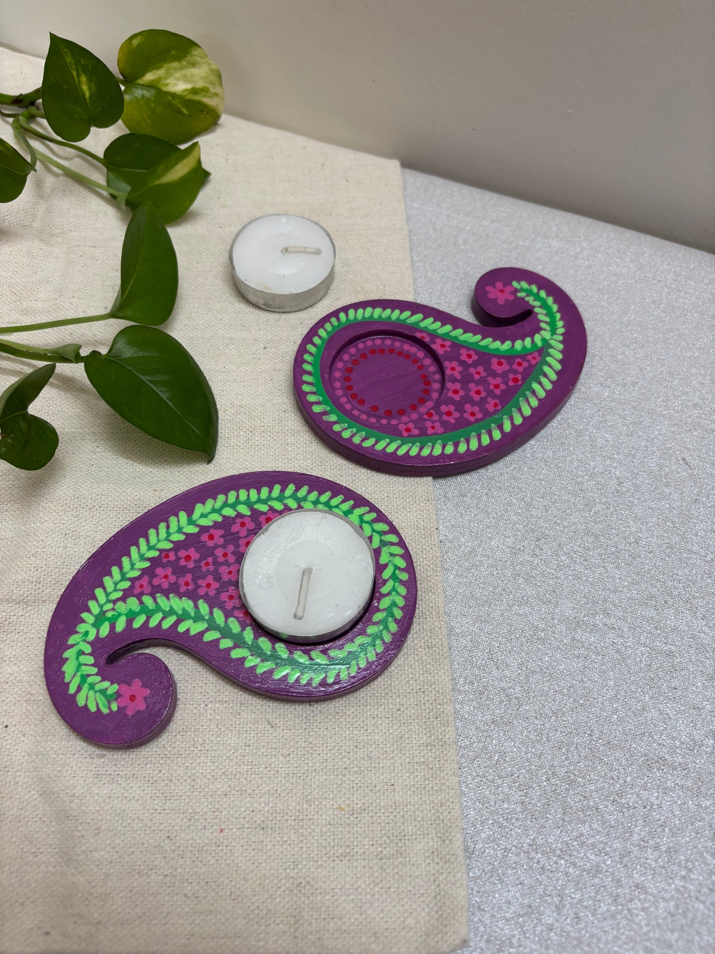 Manjari Hand-Painted Paisley Tea Light Holders
