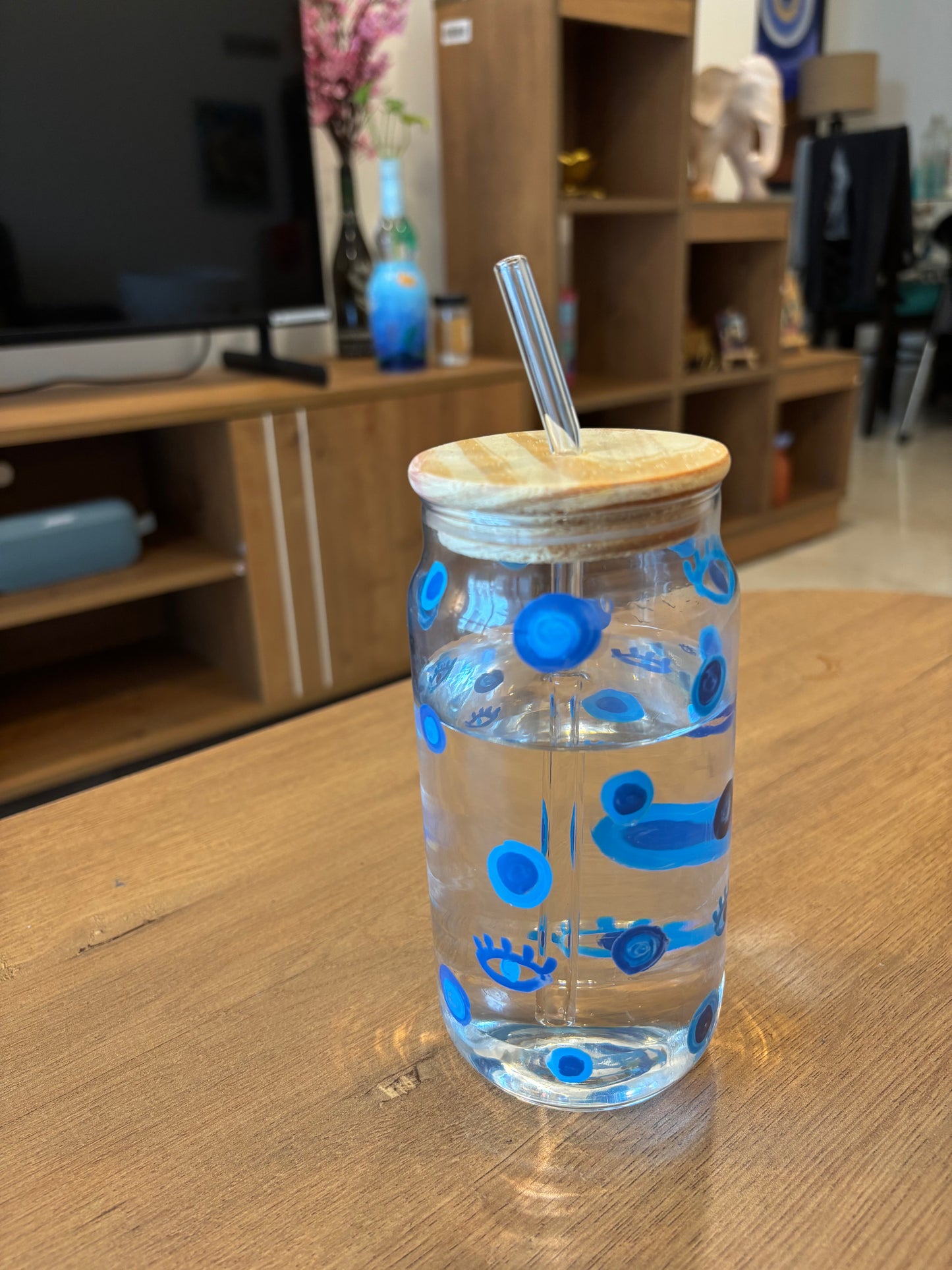 Nazar - Hand-painted Glass Tumbler with Bamboo Lid & Straw