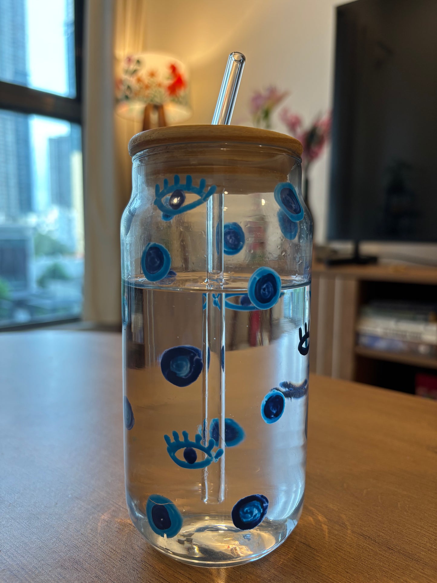 Nazar - Hand-painted Glass Tumbler with Bamboo Lid & Straw