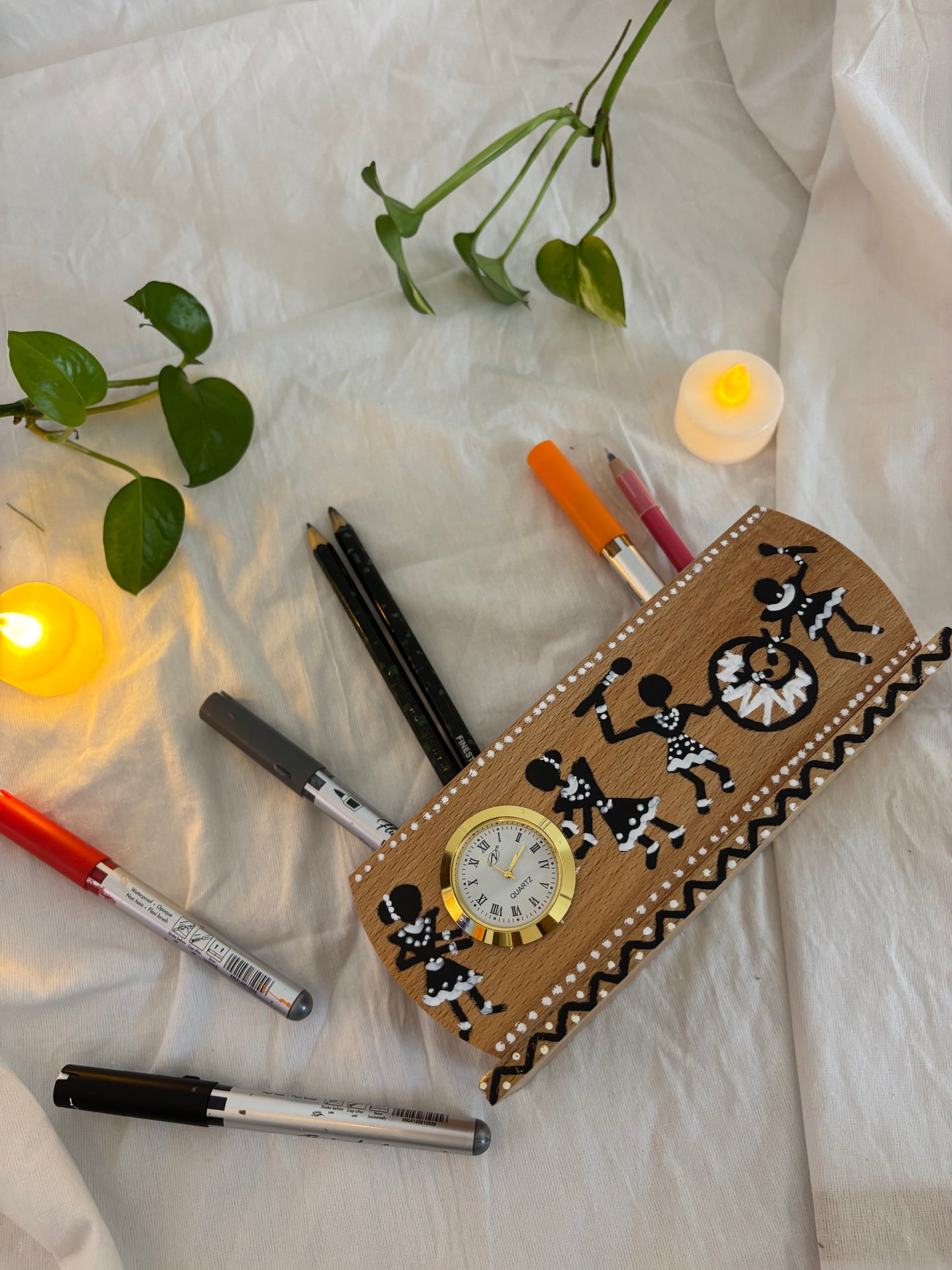 Warli - Hand-painted Wooden Pen Stand