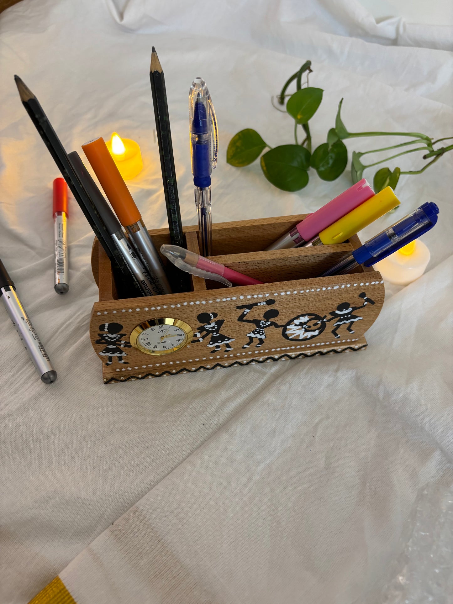 Warli - Hand-painted Wooden Pen Stand
