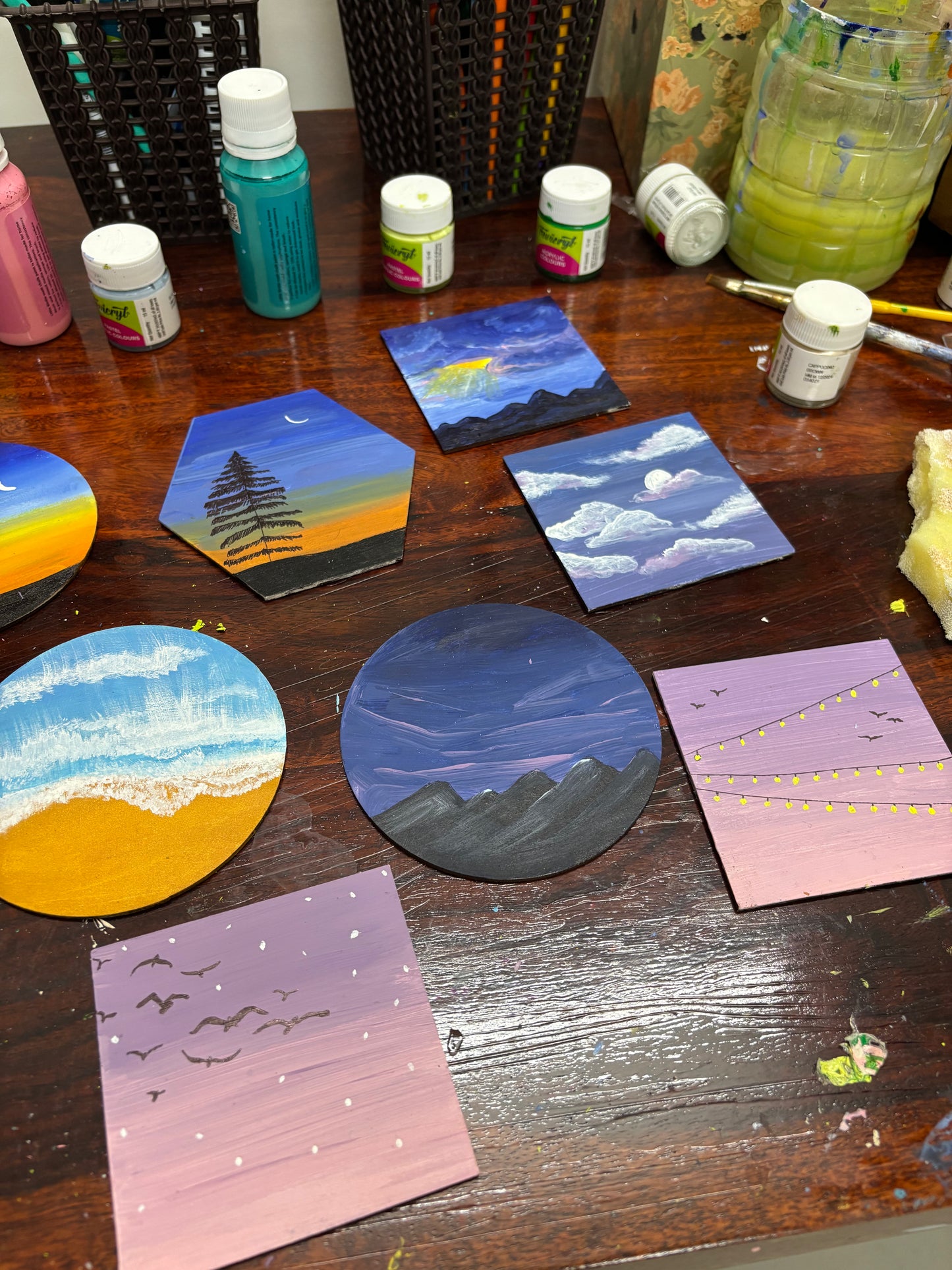 Mountain Dusk - Hand-Painted Wooden Coaster Set