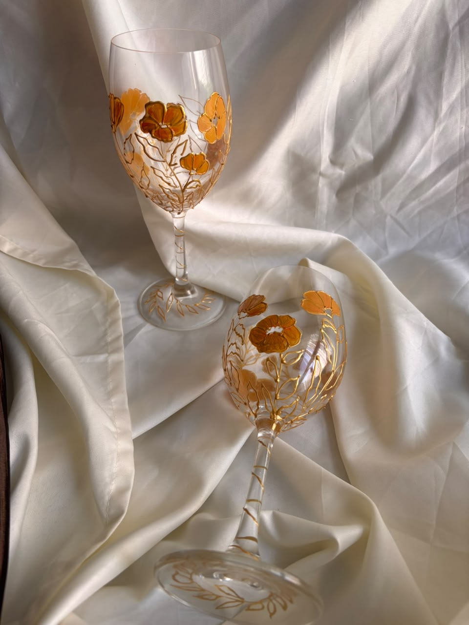 Golden Petal Hand-Painted Wine Glass Set of 2