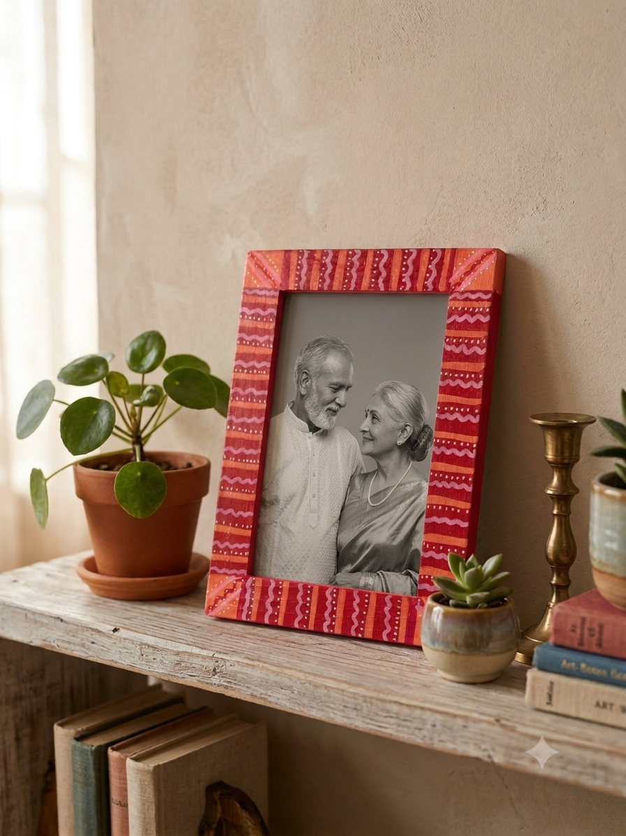Red Folk Hand-Painted Wooden Photo Frame