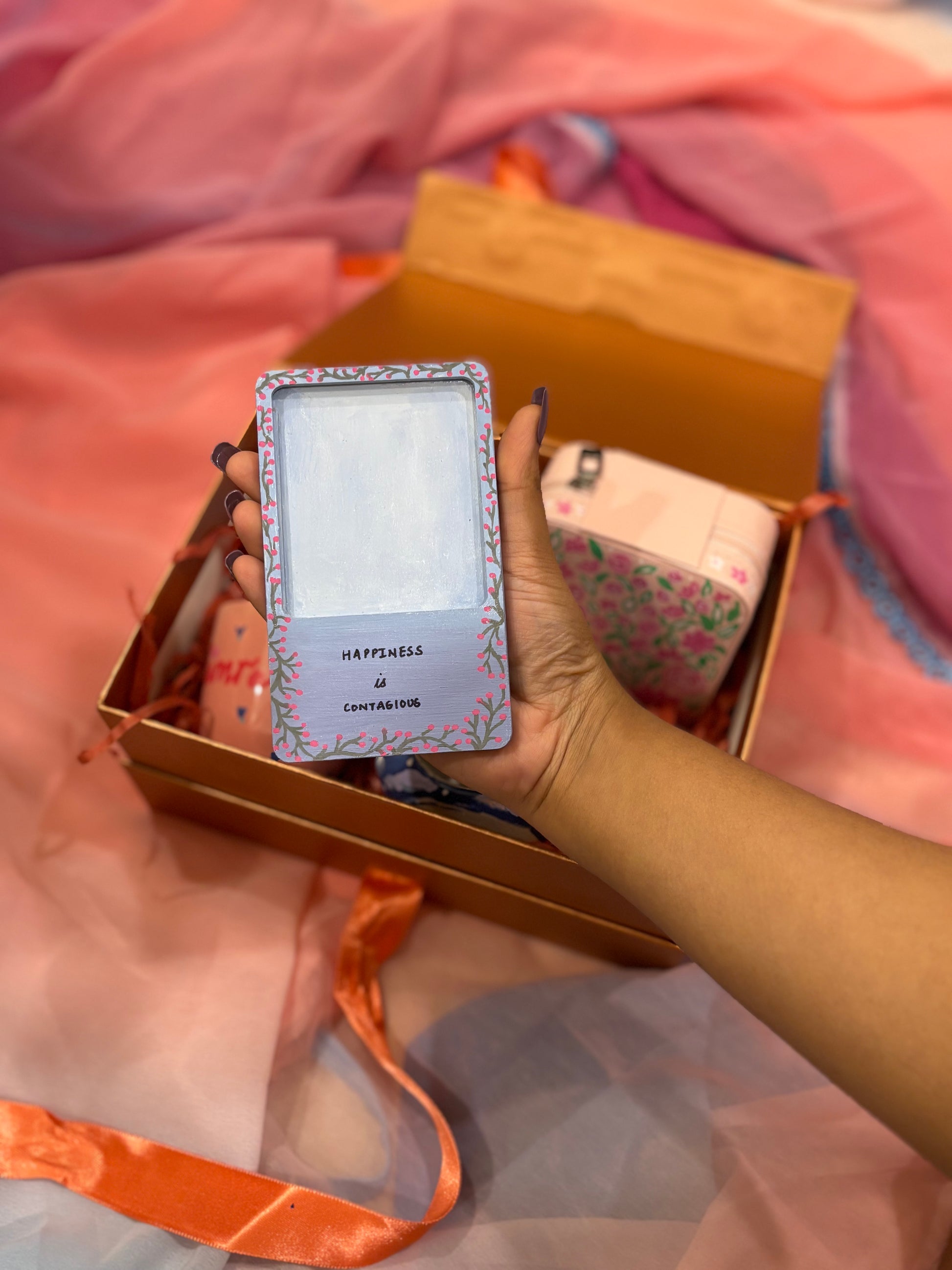 kalavrit personalised floral and heart gift box hamper hand painted fridge magnets happiness is contaious quote moticational