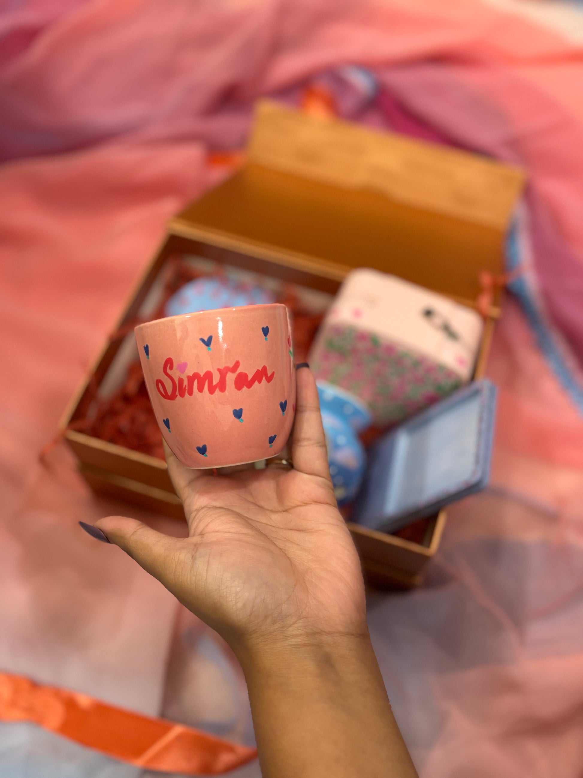 kalavrit personalised floral and heart gift box hamper hand painted mug