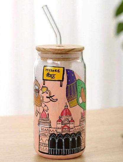Mysore City Themed Tumbler with Straw | Hand Painted Glass Tumbler with Straw and Bamboo Lid | Mysore Theme Iced Coffee Cup | Aesthetic Reusable Drinking Glass | Unique Gift