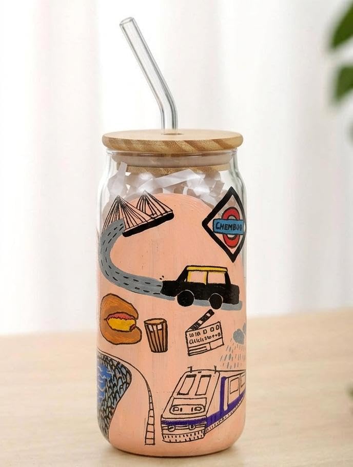 Mumbai Themed Tumbler with Straw| Handpainted Glass Tumbler and Bamboo Lid | Iced Coffee Cup | Reusable Aesthetic Drinking Glass | Mumbai Theme Gift