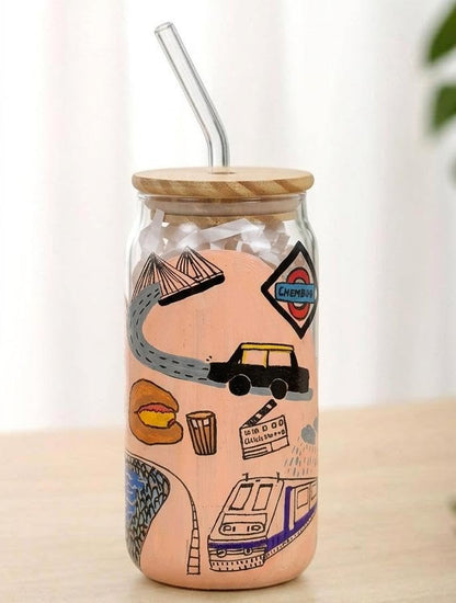 Mumbai Themed Tumbler with Straw| Handpainted Glass Tumbler and Bamboo Lid | Iced Coffee Cup | Reusable Aesthetic Drinking Glass | Mumbai Theme Gift