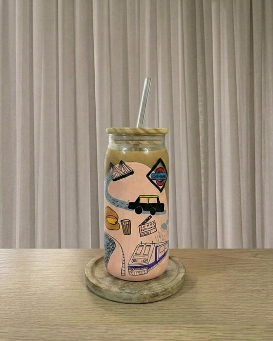 Mumbai Themed Tumbler with Straw| Handpainted Glass Tumbler and Bamboo Lid | Iced Coffee Cup | Reusable Aesthetic Drinking Glass | Mumbai Theme Gift