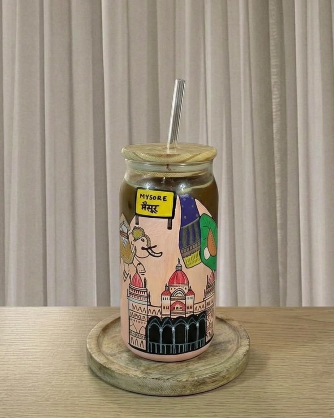 Mysore City Themed Tumbler with Straw | Hand Painted Glass Tumbler with Straw and Bamboo Lid | Mysore Theme Iced Coffee Cup | Aesthetic Reusable Drinking Glass | Unique Gift