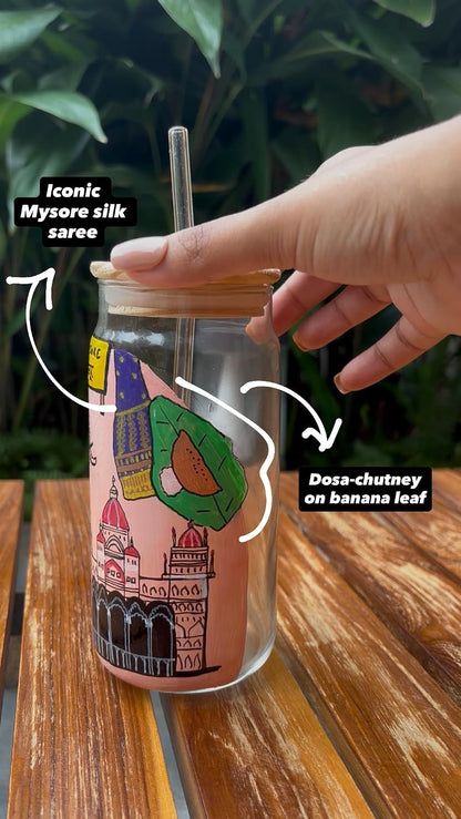 Mysore City Themed Tumbler with Straw | Hand Painted Glass Tumbler with Straw and Bamboo Lid | Mysore Theme Iced Coffee Cup | Aesthetic Reusable Drinking Glass | Unique Gift