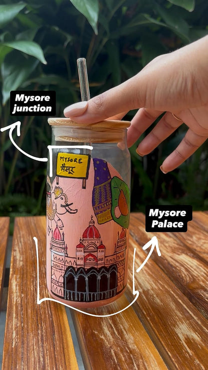 Mysore City Themed Tumbler with Straw | Hand Painted Glass Tumbler with Straw and Bamboo Lid | Mysore Theme Iced Coffee Cup | Aesthetic Reusable Drinking Glass | Unique Gift