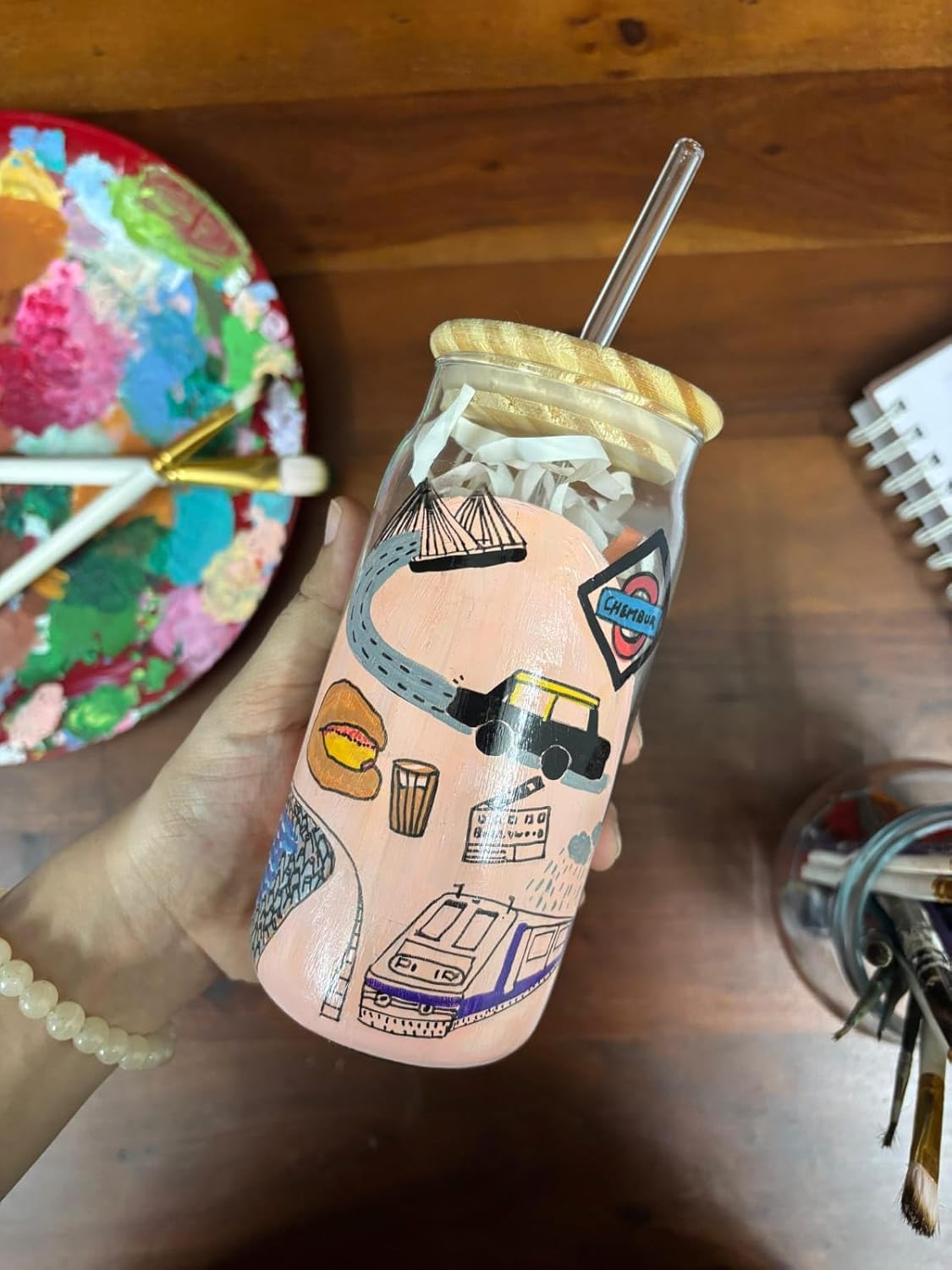 Mumbai Themed Tumbler with Straw| Handpainted Glass Tumbler and Bamboo Lid | Iced Coffee Cup | Reusable Aesthetic Drinking Glass | Mumbai Theme Gift