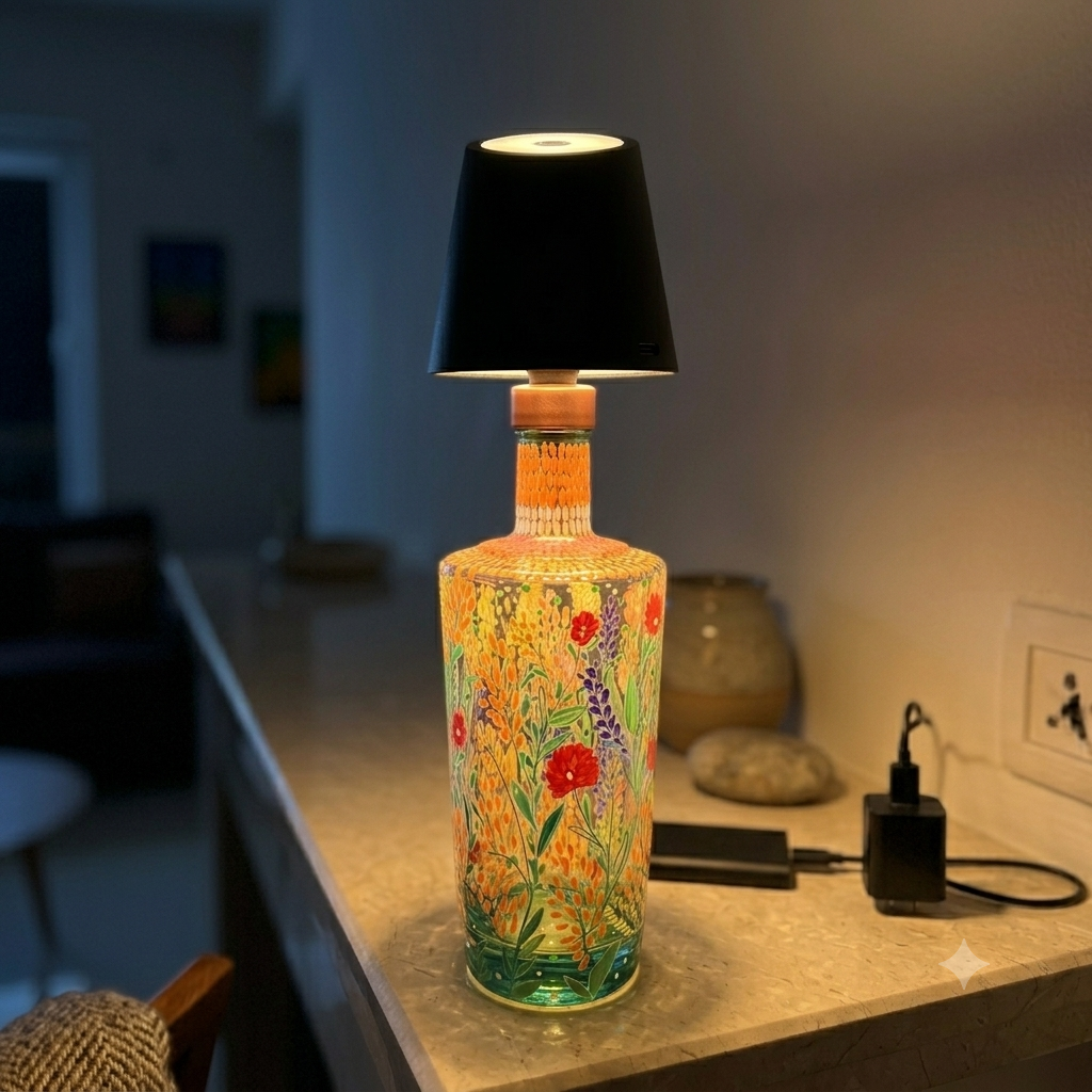 Anupama - Hand-Painted Bottle Lamp + Planter