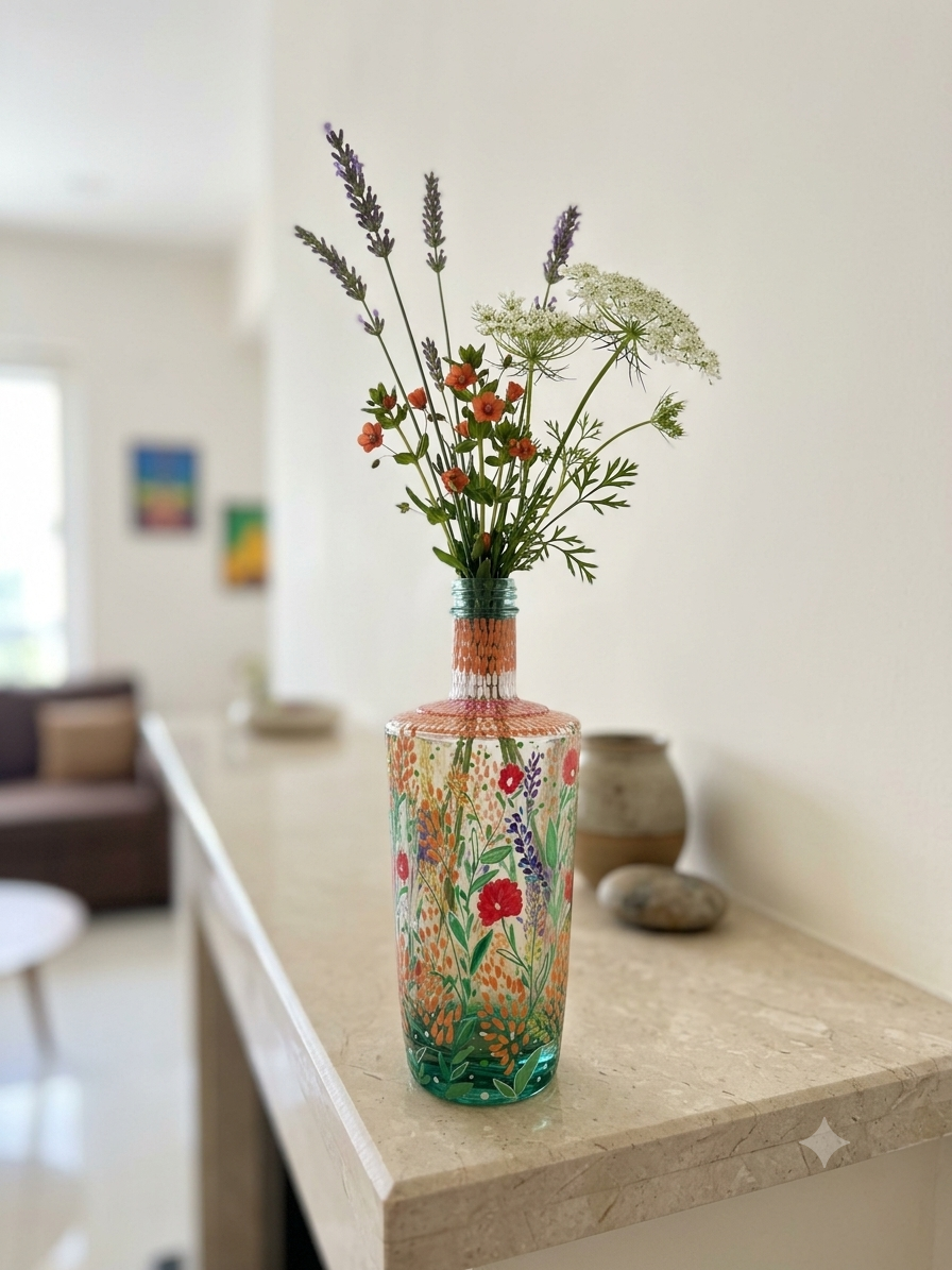 Anupama - Hand-Painted Bottle Lamp + Planter