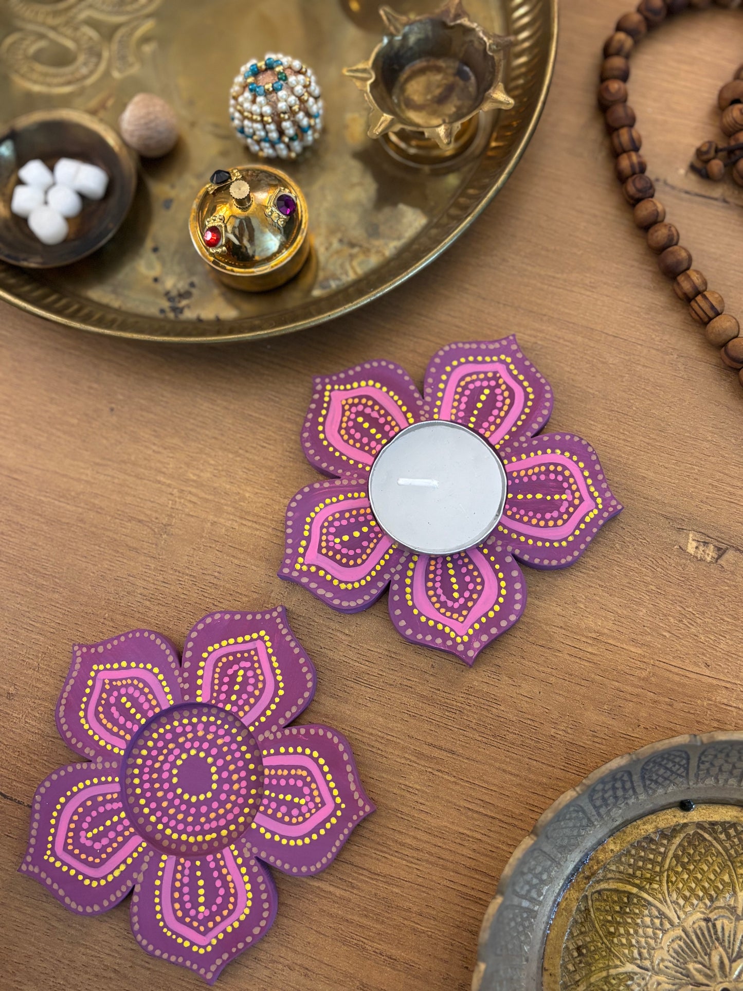 Kamal - Hand-Painted Wooden Tea Light Holder