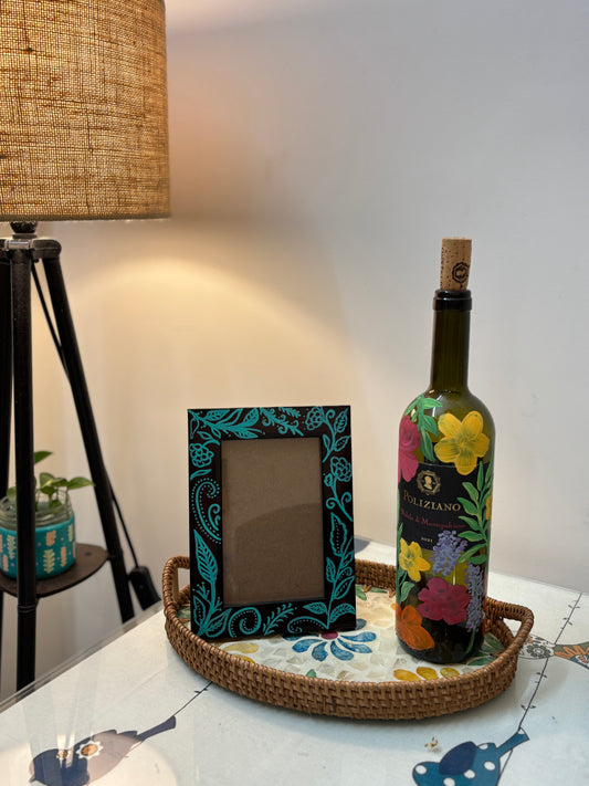 Teal Leaf - Hand-Painted Wooden Photo Frame with Floral Motifs