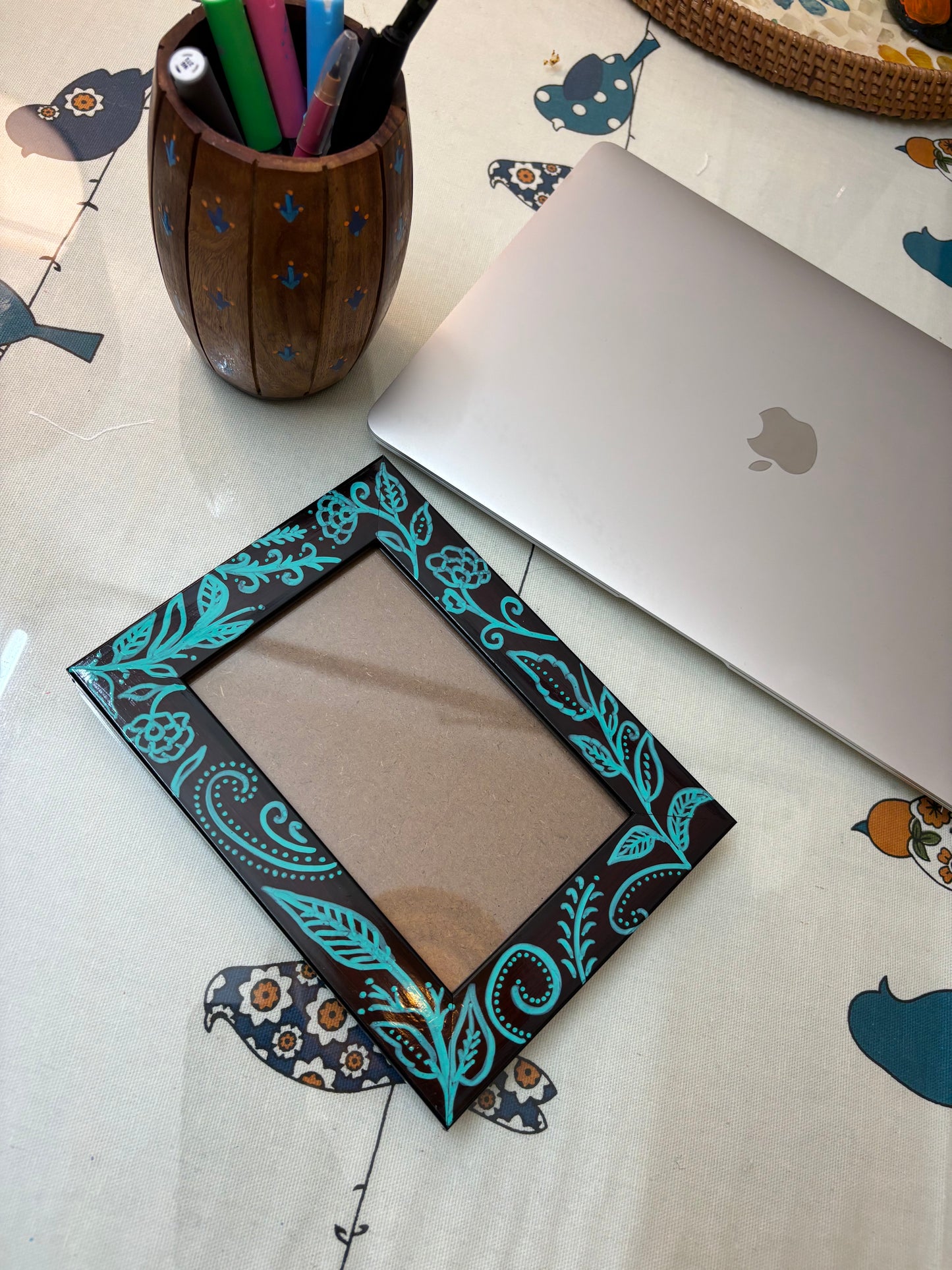 Teal Leaf - Hand-Painted Wooden Photo Frame with Floral Motifs