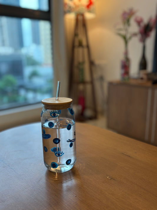 Nazar - Hand-painted Glass Tumbler with Bamboo Lid & Straw