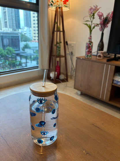 Nazar - Hand-painted Glass Tumbler with Bamboo Lid & Straw