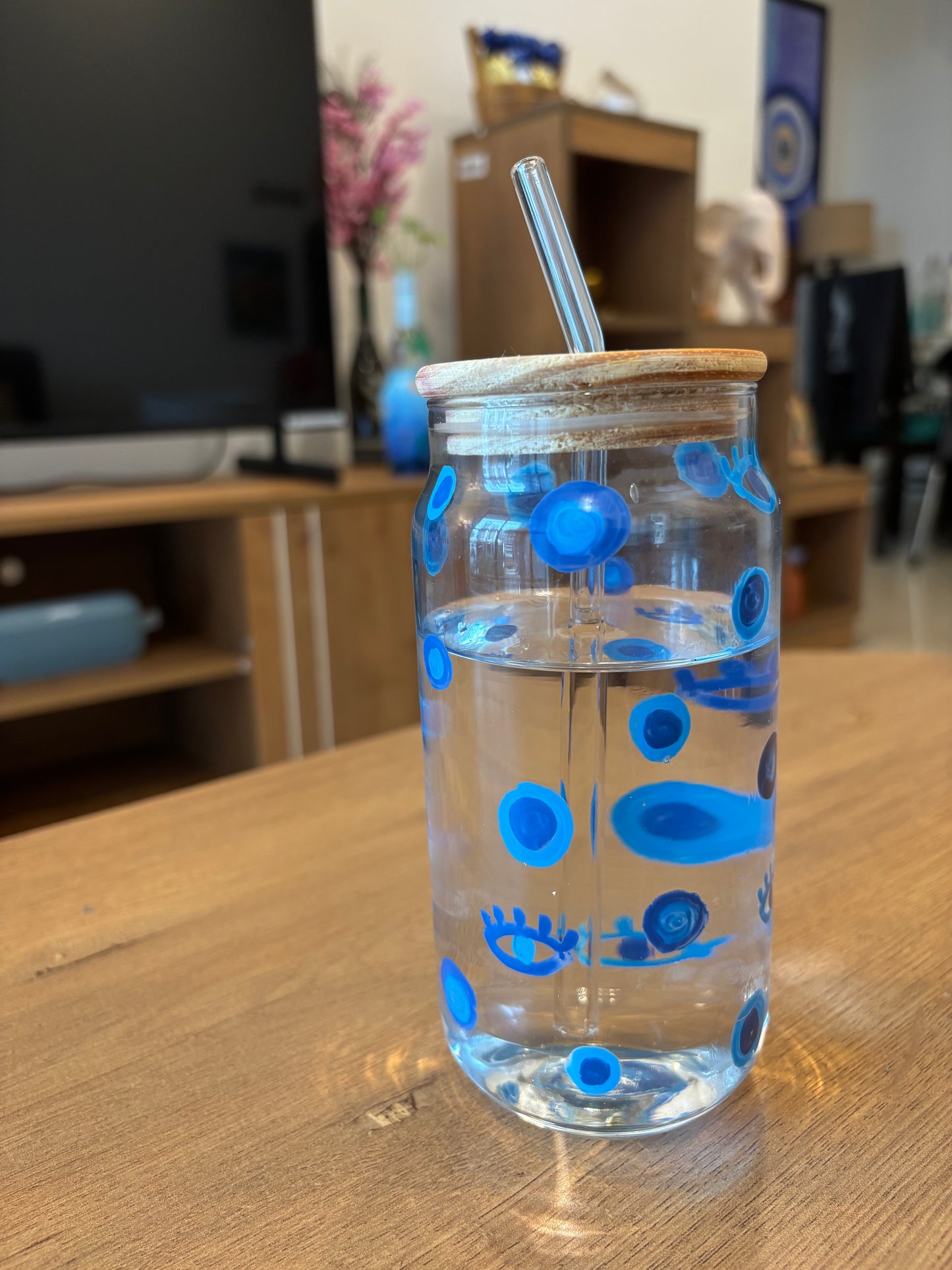 Nazar - Hand-painted Glass Tumbler with Bamboo Lid & Straw