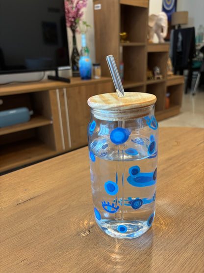 Nazar - Hand-painted Glass Tumbler with Bamboo Lid & Straw