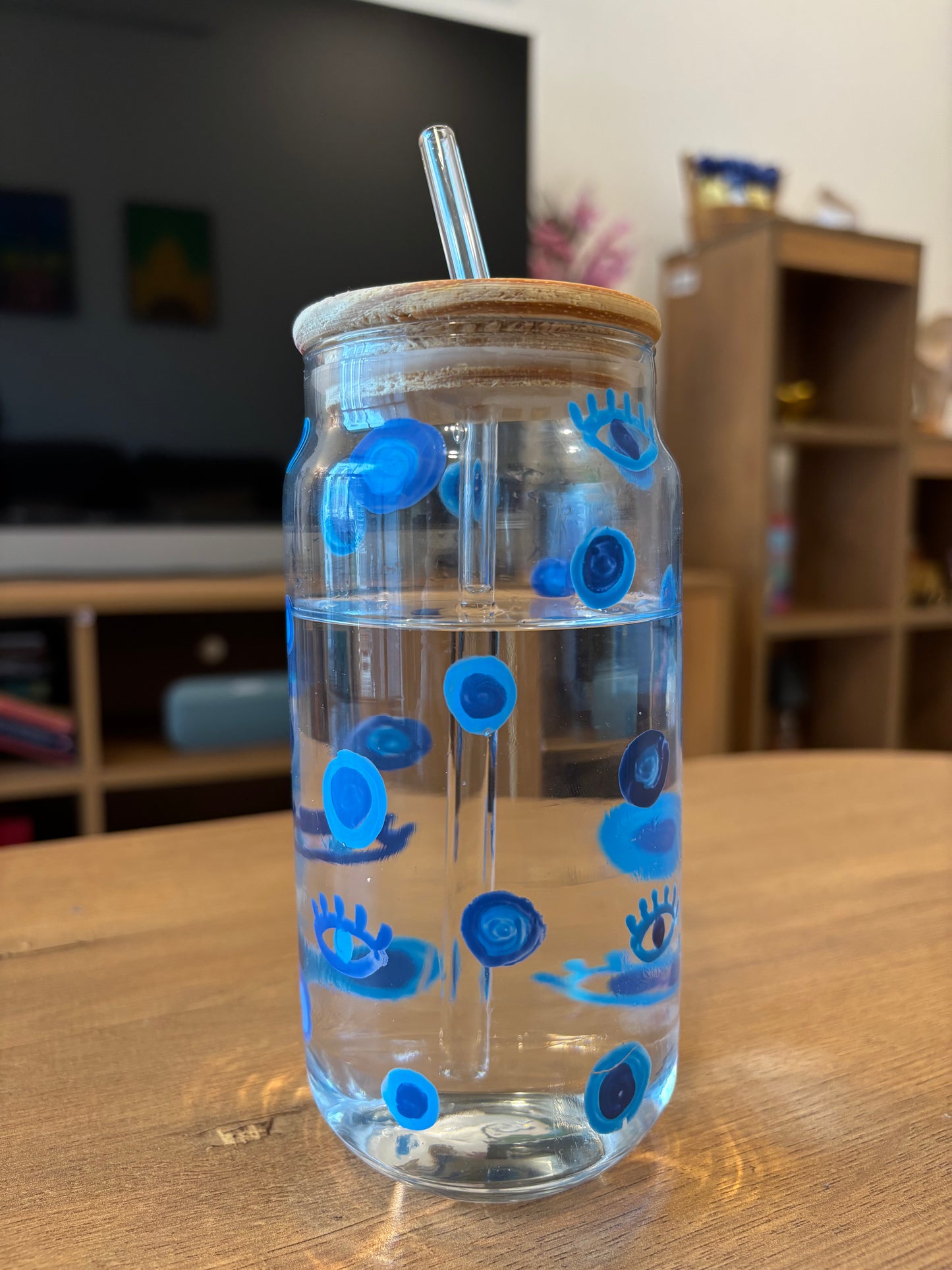 Nazar - Hand-painted Glass Tumbler with Bamboo Lid & Straw