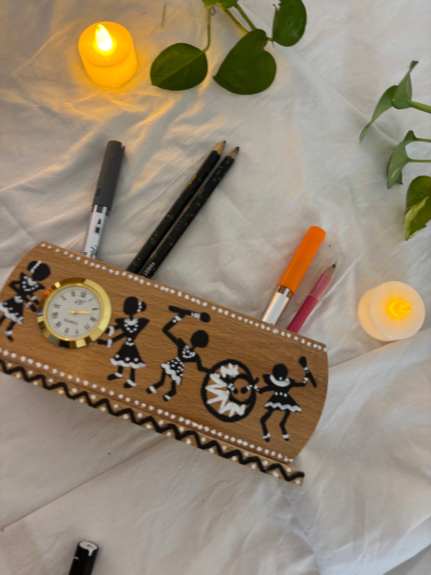 Warli - Hand-painted Wooden Pen Stand