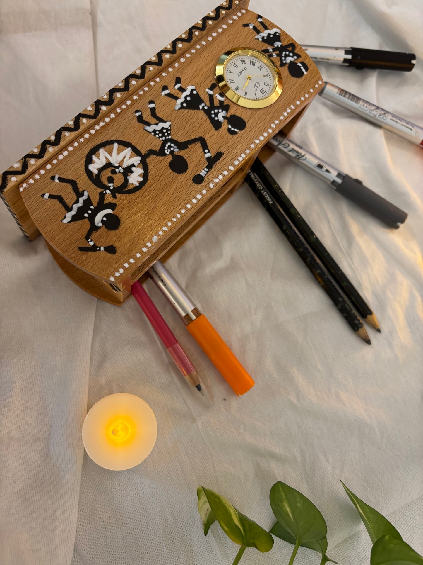 Warli - Hand-painted Wooden Pen Stand