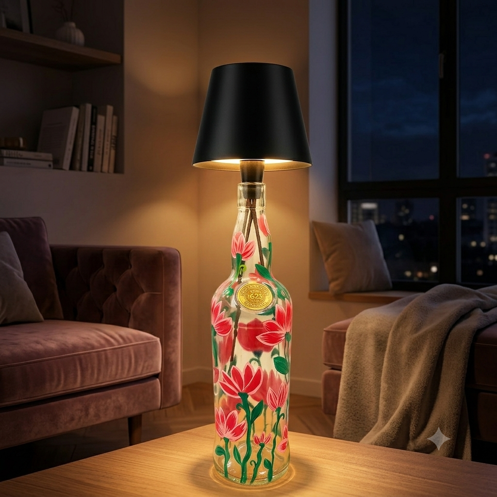Neerja - Hand-Painted Bottle Lamp + Planter