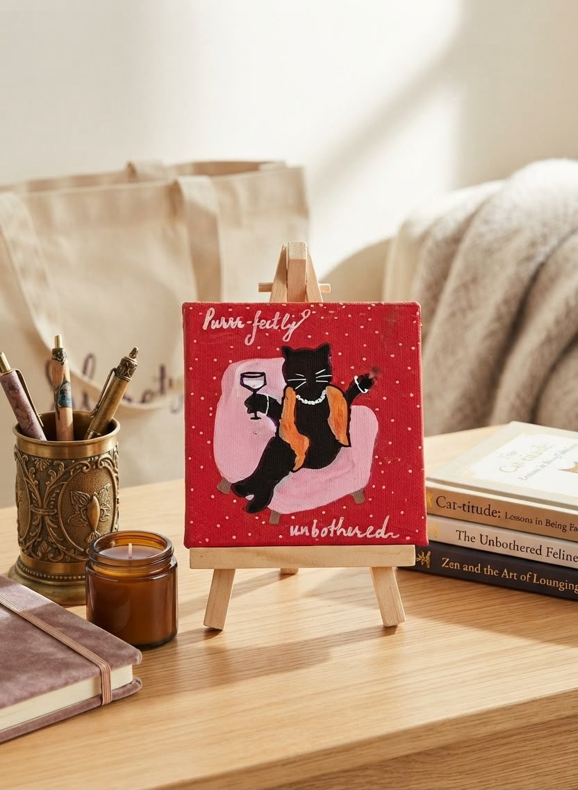 'Purr-fectly Unbothered' Hand-Painted Mini Canvas Easel