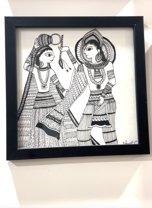 Radha-Krishna - Godna Style Tribal Painting