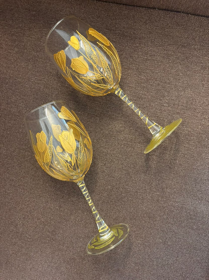 Golden Bloom Hand-Painted Wine Glass Set of 2