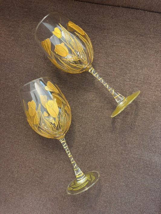 Golden Bloom Hand-Painted Wine Glass Set of 2