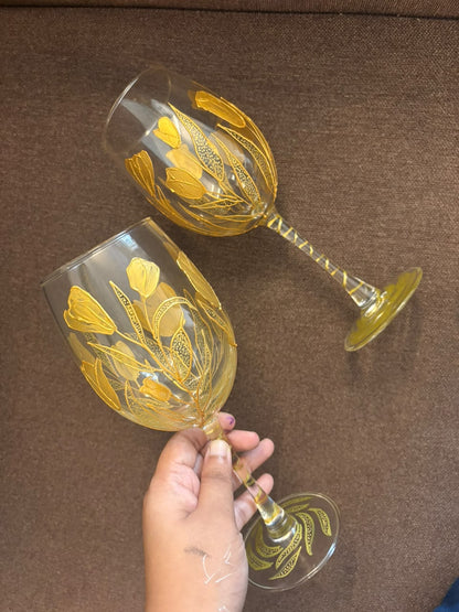 Golden Bloom Hand-Painted Wine Glass Set of 2