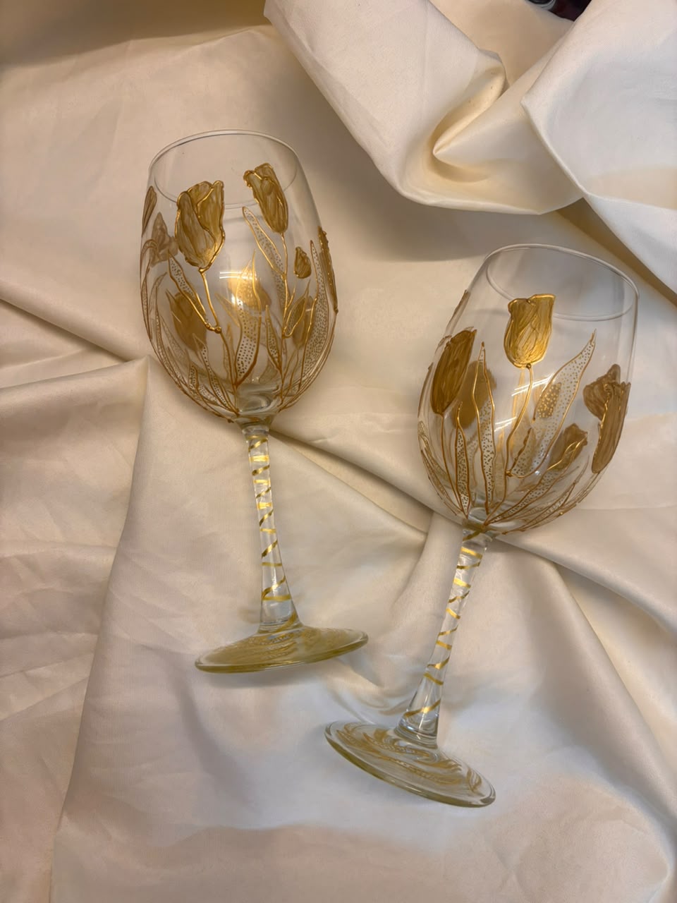 Golden Bloom Hand-Painted Wine Glass Set of 2