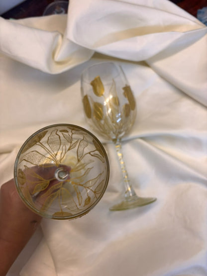 Golden Bloom Hand-Painted Wine Glass Set of 2