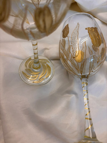 Golden Bloom Hand-Painted Wine Glass Set of 2