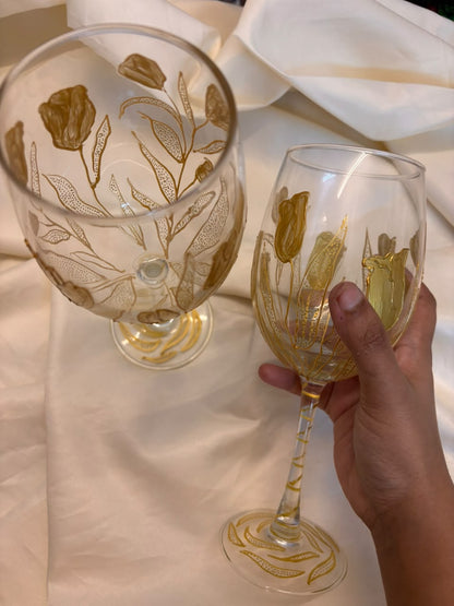 Golden Bloom Hand-Painted Wine Glass Set of 2