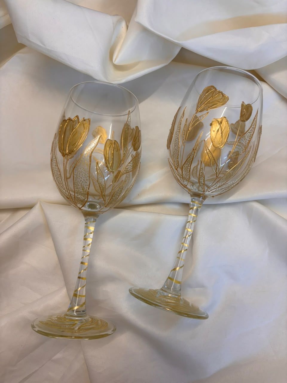 Golden Bloom Hand-Painted Wine Glass Set of 2