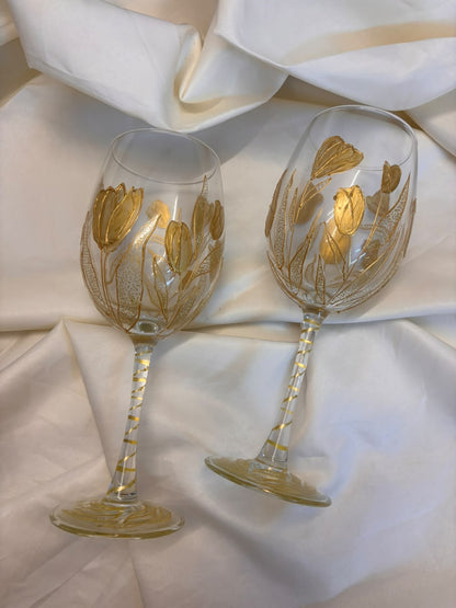 Golden Bloom Hand-Painted Wine Glass Set of 2